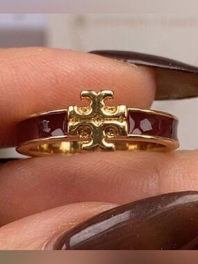 NWT Tory Burch Kira Enamel Ring Burgundy Wine Gold Stackable Band Size 8